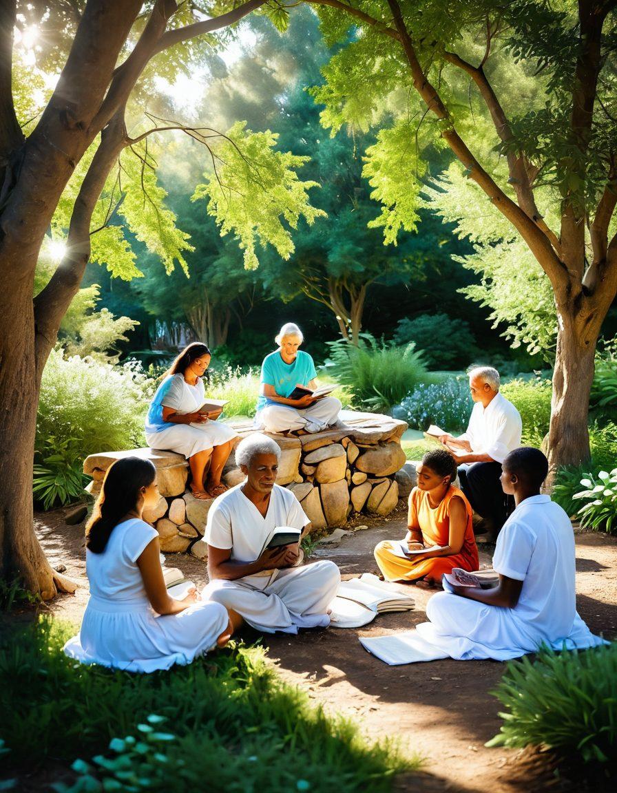 A serene landscape featuring a diverse group of individuals, symbolizing unity and support, gathered in a tranquil garden. They share stories of hope, showcasing elements like healing crystals, informative books, and blooming flowers, representing growth and resilience. Soft sunlight filters through the trees, creating a warm and inviting atmosphere. Illustrate a gentle and compassionate ambiance, invoking feelings of empowerment and healing. super-realistic. vibrant colors. soothing background.