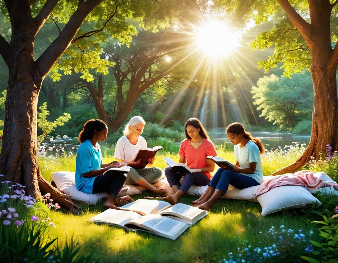 A serene, inviting scene illustrating a diverse group of people reading about cancer myths and facts, surrounded by nature's calming elements like trees and flowers. Include symbolic imagery like books opening with glowing truths, and a bright sun shining down to represent knowledge. The atmosphere conveys hope and empowerment. vibrant colors. nature-inspired. super-realistic.