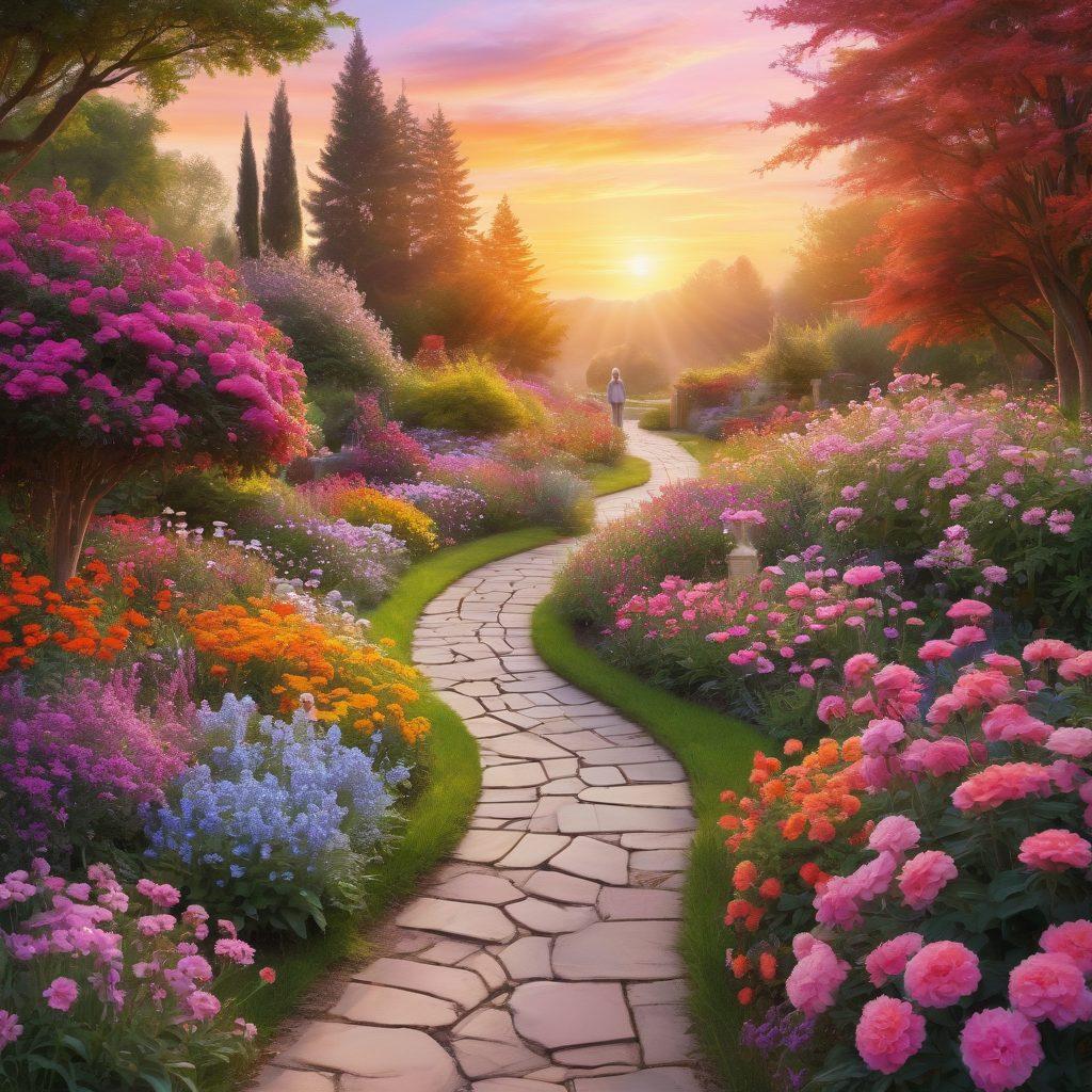 A serene landscape depicting a winding path through a vibrant, colorful garden filled with diverse flowers symbolizing hope and healing. Along the path, supportive figures of various ages are engaging in conversation, exuding warmth and compassion. In the background, a soft sunrise represents new beginnings, illuminating the sky with hues of pink and orange. This scene embodies the journey of navigating cancer with care and support. super-realistic. vibrant colors. soft focus.